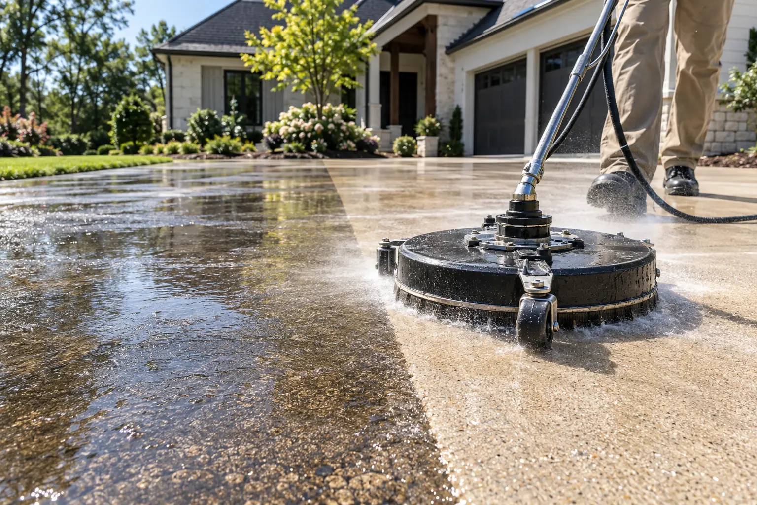 A surface cleaner pressure washing a residential concrete driveway in front of a home